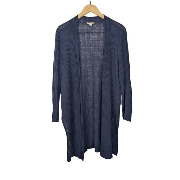Eileen Fisher Navy Blue Organic Linen Long Ribbed Open Front Cardigan - Picture 1 of 6